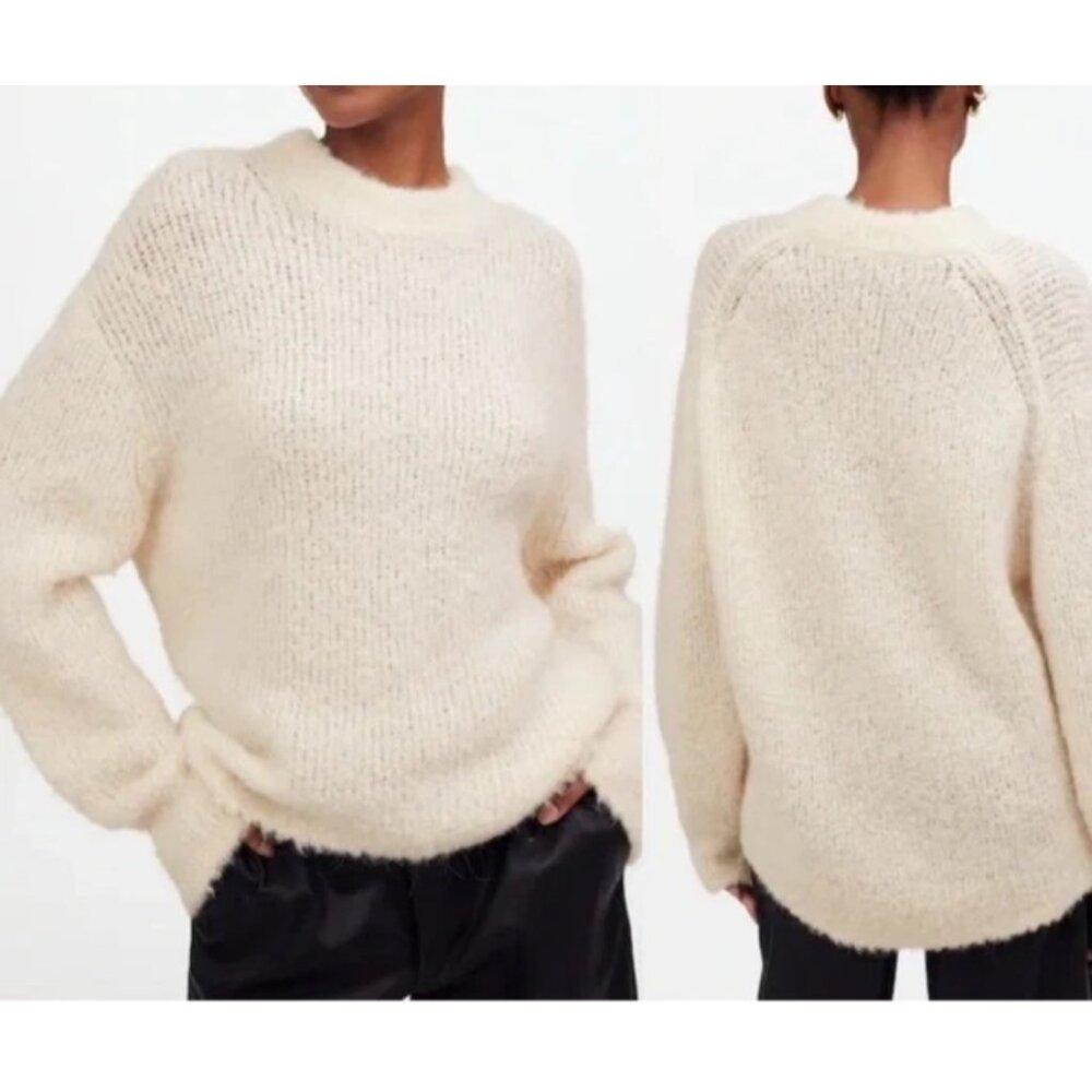 Madewell Women's Small Wool-Alpaca Blend Boucle-Knit Oversized Sweater Cream